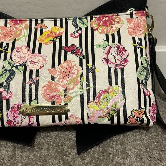 Betsey Johnson vintage clutch Floral‎ Stripe Crossbody Bag Big Bow - Picture 7 of 13